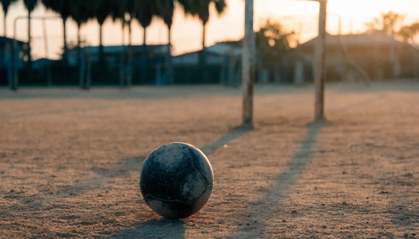 Ein Fußball liegt auf einem staubigen Bolzplatz mit Palmen im Hintergrund in warmem Abendlicht.