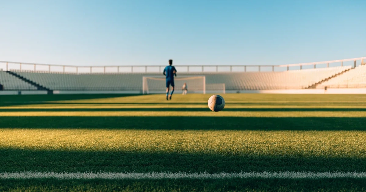 Ein Fußballstadion mit hellen Rängen unter strahlend blauem Himmel, davor ein sonnenbeschienener Rasen mit frisch gemähten Streifen.