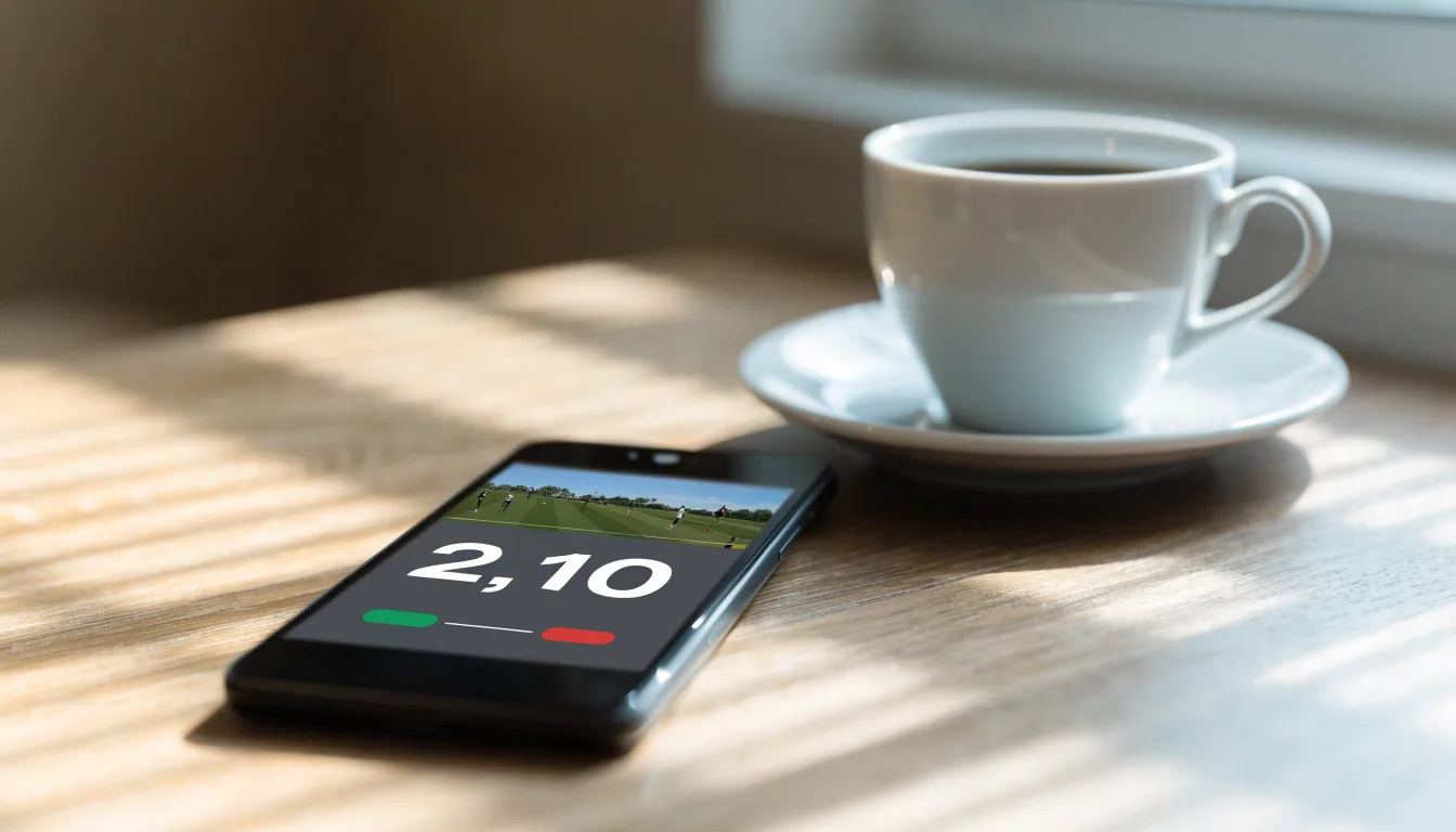 Zwei Kaffeetassen und ein dunkles Smartphone stehen auf einem Café-Tisch am Fenster im Morgenlicht.