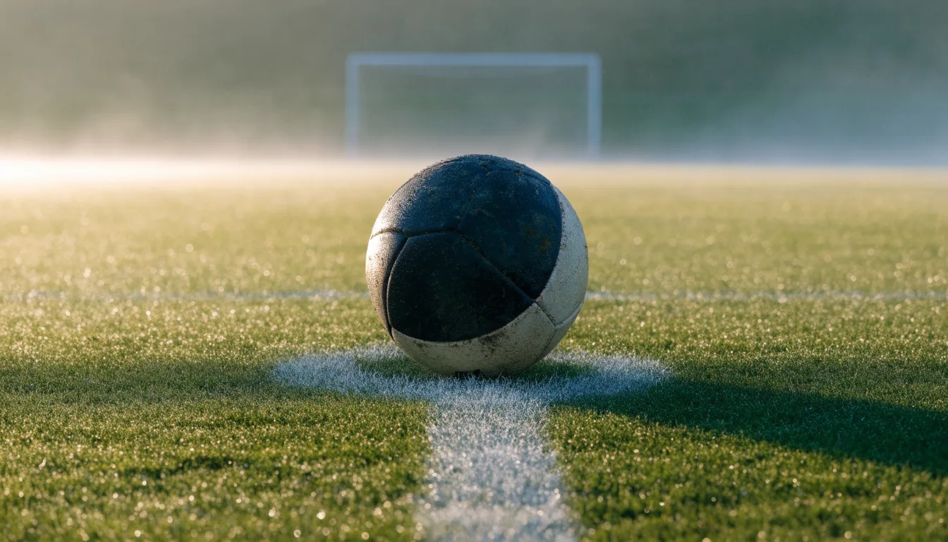 Ein abgewetzter Fußball liegt auf dem Anstoßkreis eines Naturrasens im Morgennebel.