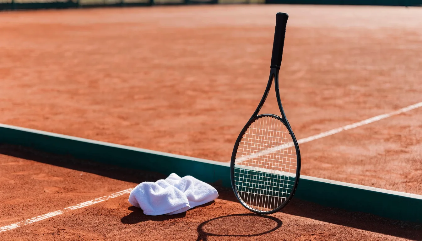 Ein Tennisschläger lehnt an einer dunkelgrünen Bande ohne Aufschrift auf einem Sandplatz, daneben liegt ein Handtuch.