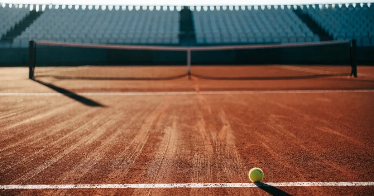 Ein Sandplatz mit rötlichem Belag und gezogenen weißen Linien, ein einzelner Tennisball liegt neben der Linie, im Hintergrund eine leere Tribüne.