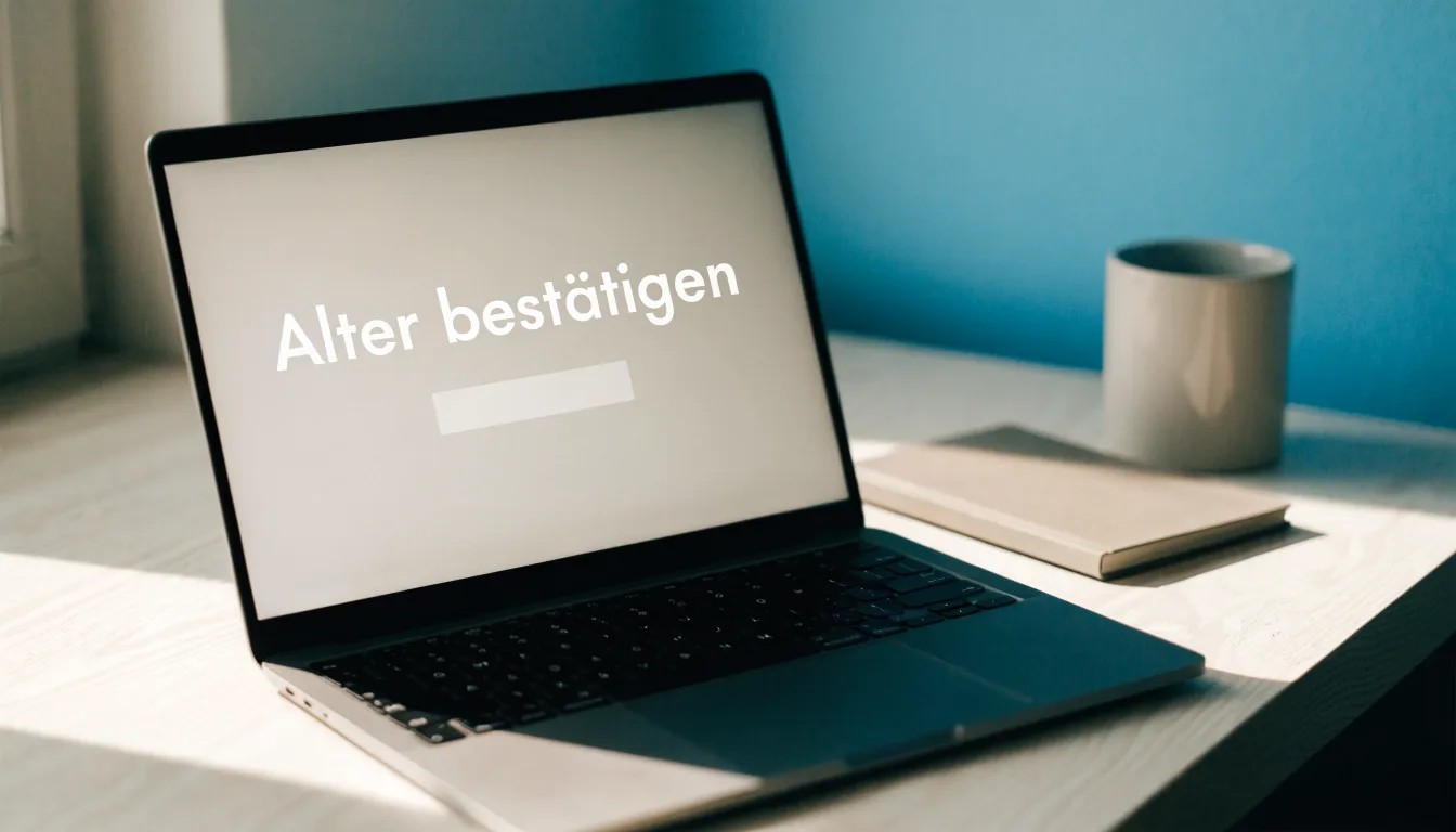 Eine Messingwaage steht auf einer polierten Tischplatte vor einem Fenster, durch das gedämpftes Licht fällt.