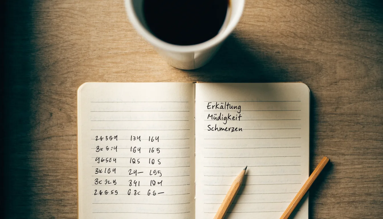Ein aufgeschlagenes Notizbuch mit handschriftlichen Skizzen liegt neben einem Bleistift auf einem Holztisch, daneben eine Tasse Kaffee.