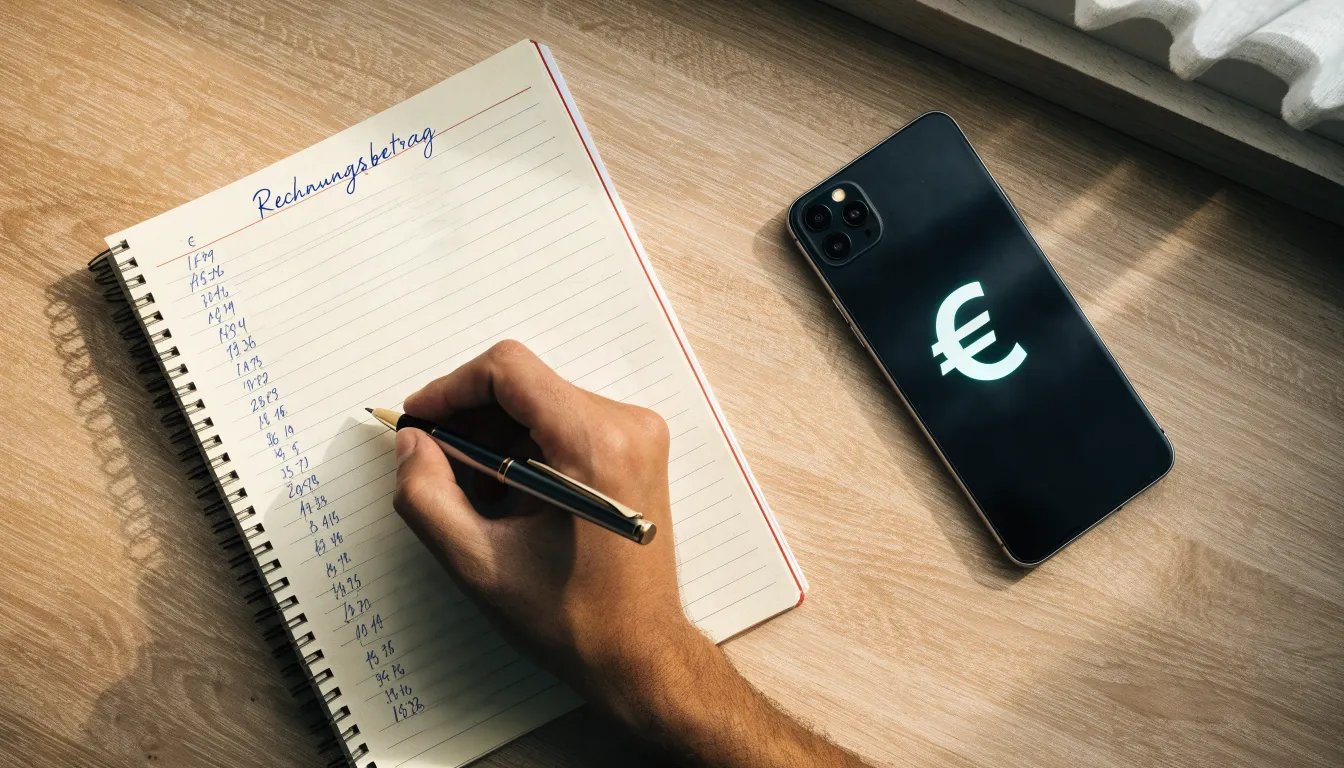 Ein Taschenrechner und ein Bleistift liegen auf einem Schreibtisch neben einem aufgeschlagenen Notizbuch mit handschriftlichen Zahlenreihen.