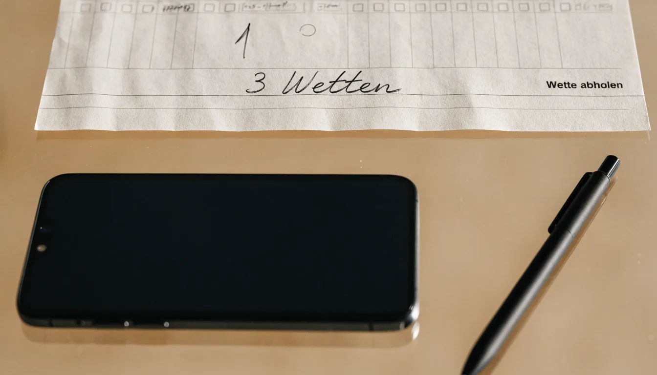 Ein leerer Papier-Wettschein liegt neben einem Smartphone mit dunklem Display auf einer hellen Tischplatte, daneben ein Kugelschreiber.