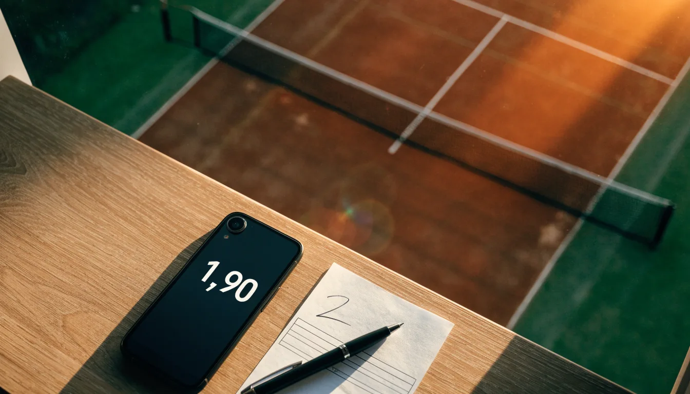 Ein Tennisplatz bei Sonnenaufgang, Netz und Grundlinien im weichen Licht, niemand ist zu sehen.
