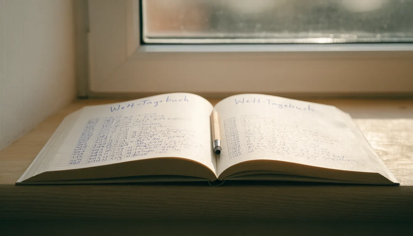 Ein aufgeschlagenes Notizbuch mit handschriftlichen Skizzen und ein Bleistift liegen auf einer Fensterbank im Tageslicht.
