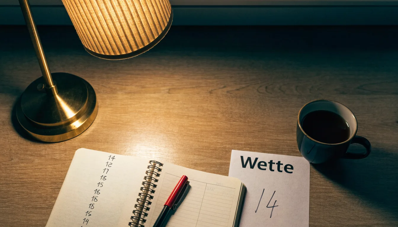 Ein Taschenrechner und ein Notizbuch mit handschriftlichen Zahlenreihen liegen auf einem Schreibtisch unter einer Lampe.