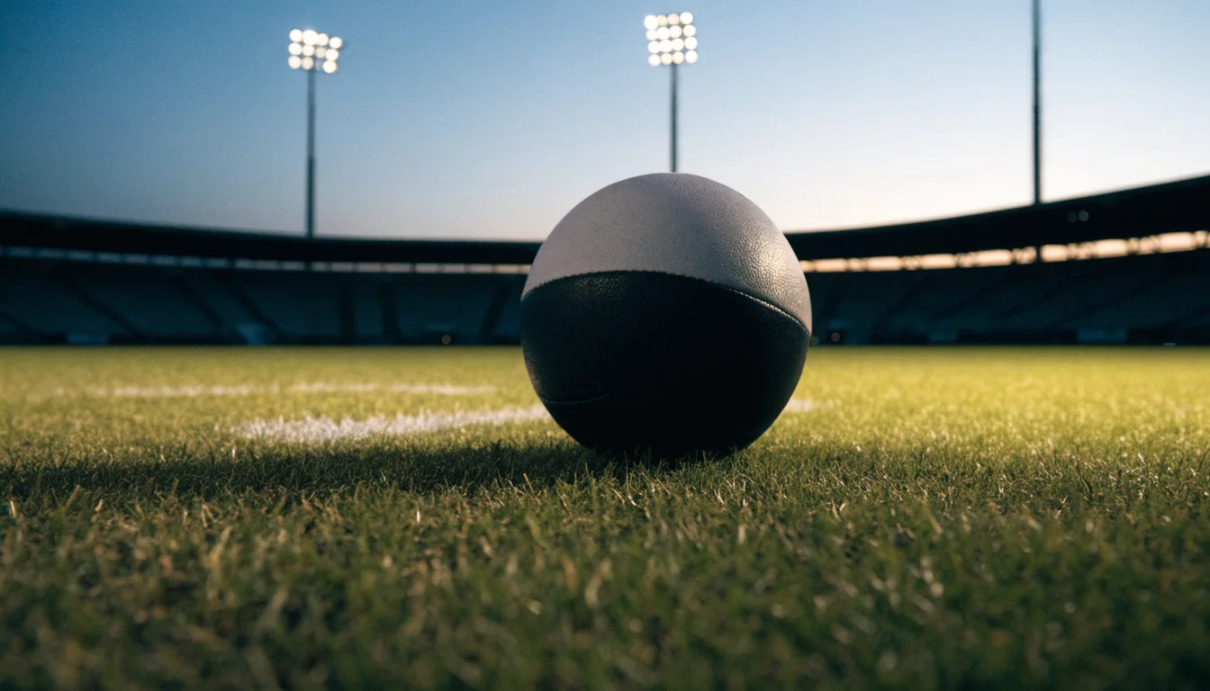 Ein Fußball liegt im Gras eines leeren Platzes, im Hintergrund stehen Flutlichtmasten in der Dämmerung.