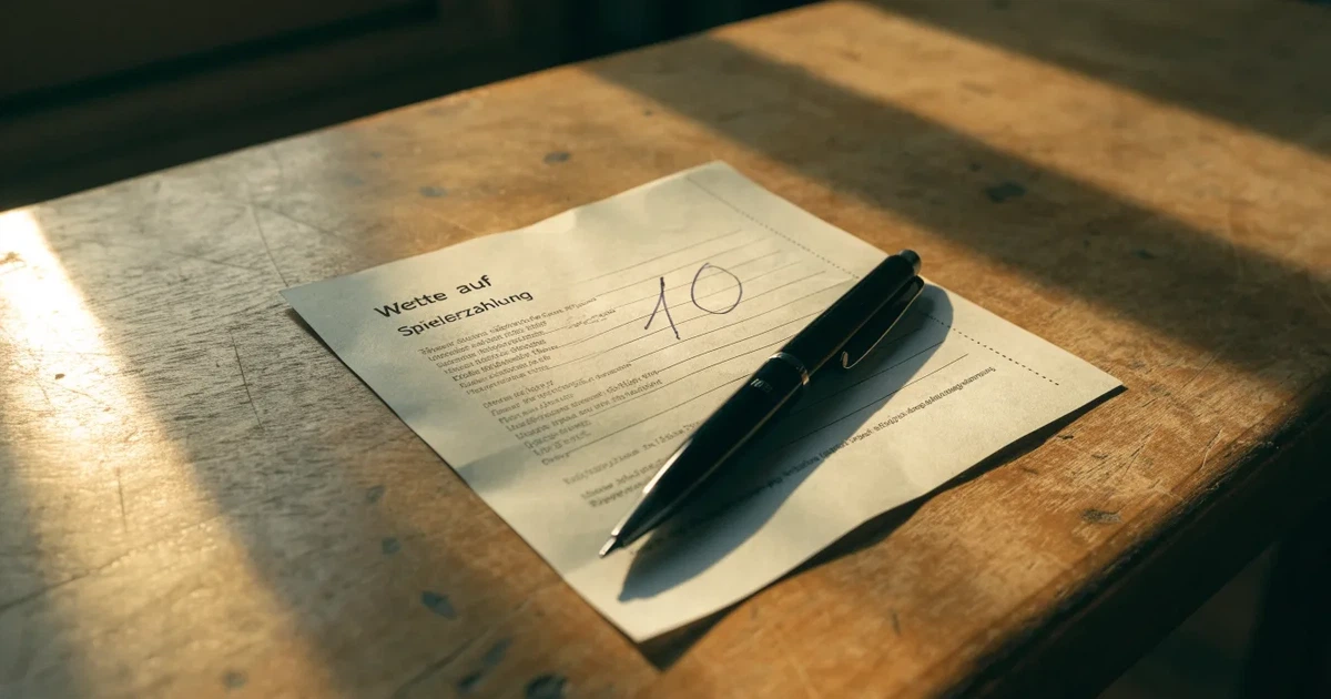 Ein leerer Papier-Wettschein und ein Kugelschreiber liegen auf einem Holztisch, daneben ein kleiner Stapel Münzen im Morgenlicht.
