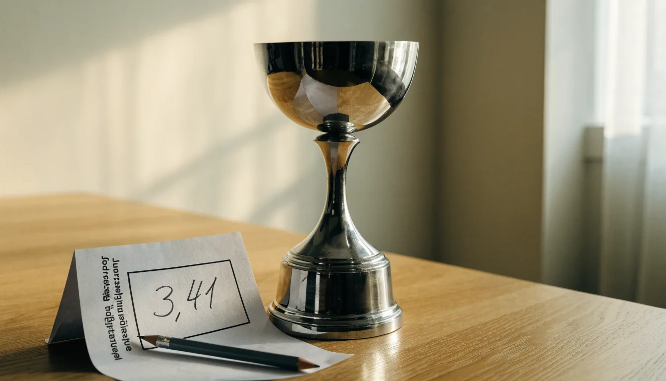 Ein Pokal ohne Gravur steht allein auf einem Holztisch vor einer hellen Wand, davon fällt ein weicher Schatten.