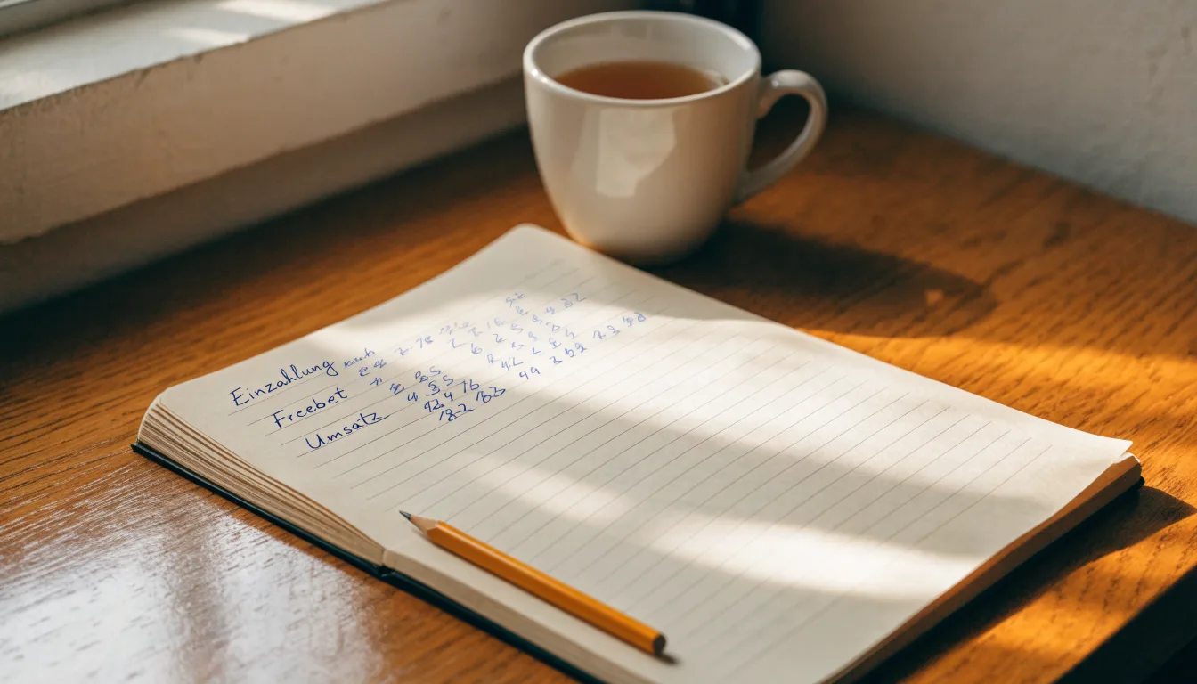 Ein aufgeschlagenes Notizbuch mit handschriftlichen Skizzen und ein Bleistift liegen auf einem Schreibtisch neben einer Tasse Tee.