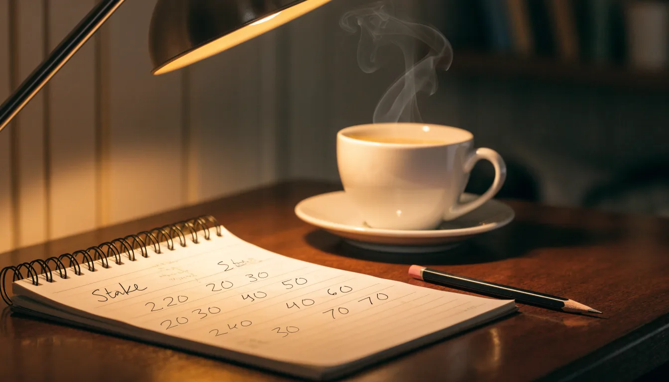 Ein Taschenrechner und ein Bleistift liegen auf einem Schreibtisch neben einer Tasse Kaffee im Licht einer Lampe.