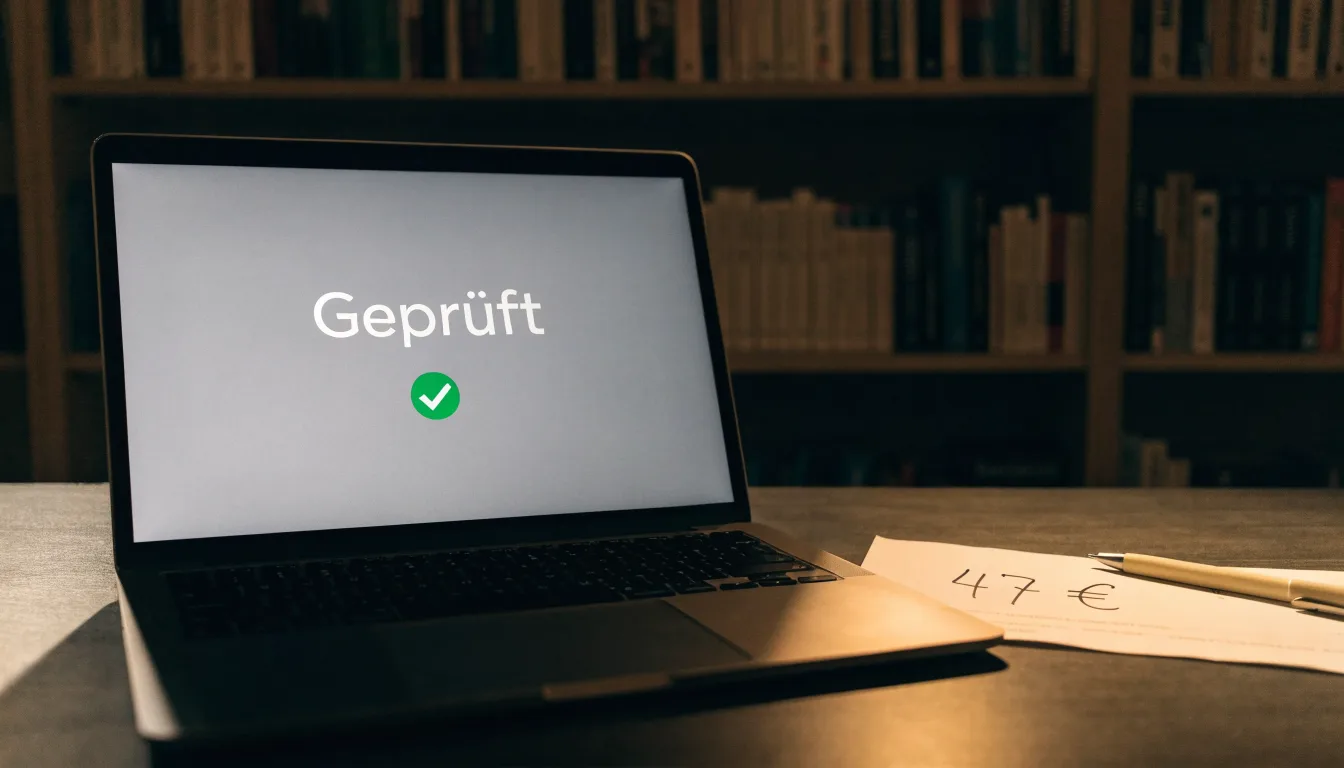 Eine Balkenwaage aus Messing steht neben einem hölzernen Richterhammer auf einem dunklen Pult, im Hintergrund ein unscharfes Bücherregal.