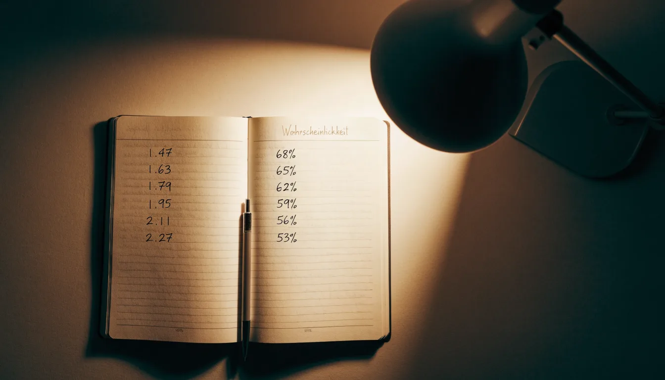 Ein Taschenrechner und ein aufgeschlagenes Notizbuch mit handschriftlichen Zahlenreihen liegen unter einer Schreibtischlampe.