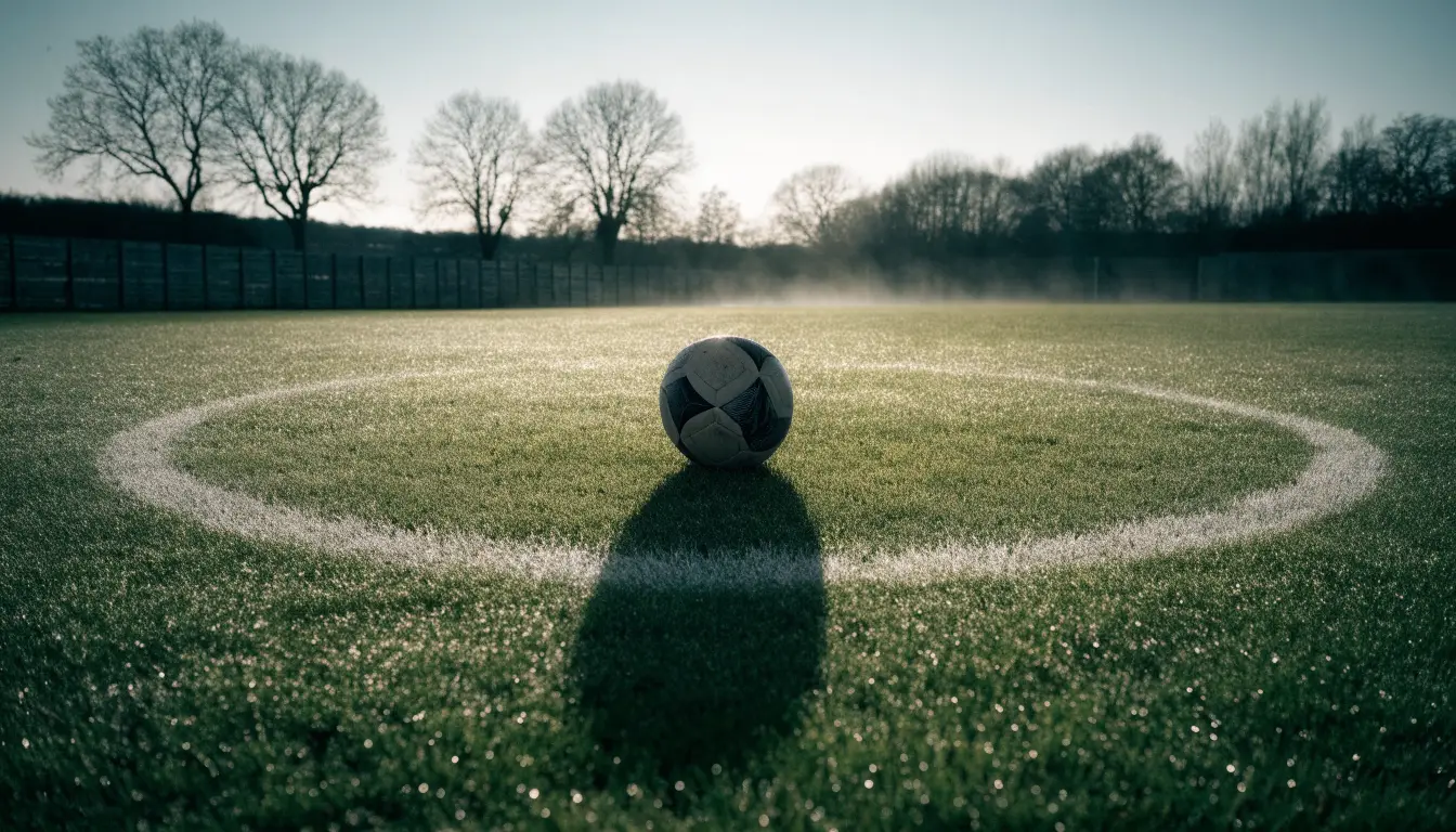 Ein Fußball liegt allein auf dem Anstoßpunkt eines leeren Rasenplatzes im Morgenlicht, am Rand ein niedriger Zaun.