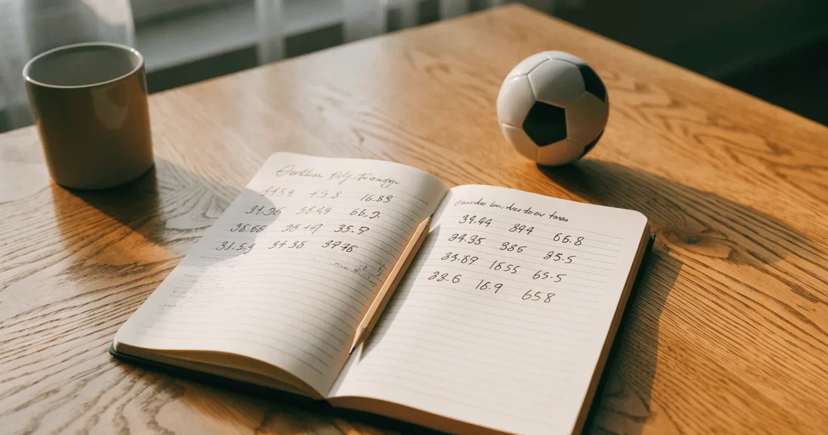 Ein Notizbuch mit handschriftlichen Notizen und einem Bleistift liegt auf einem Holztisch, daneben ein kleiner Fußball im weichen Tageslicht.