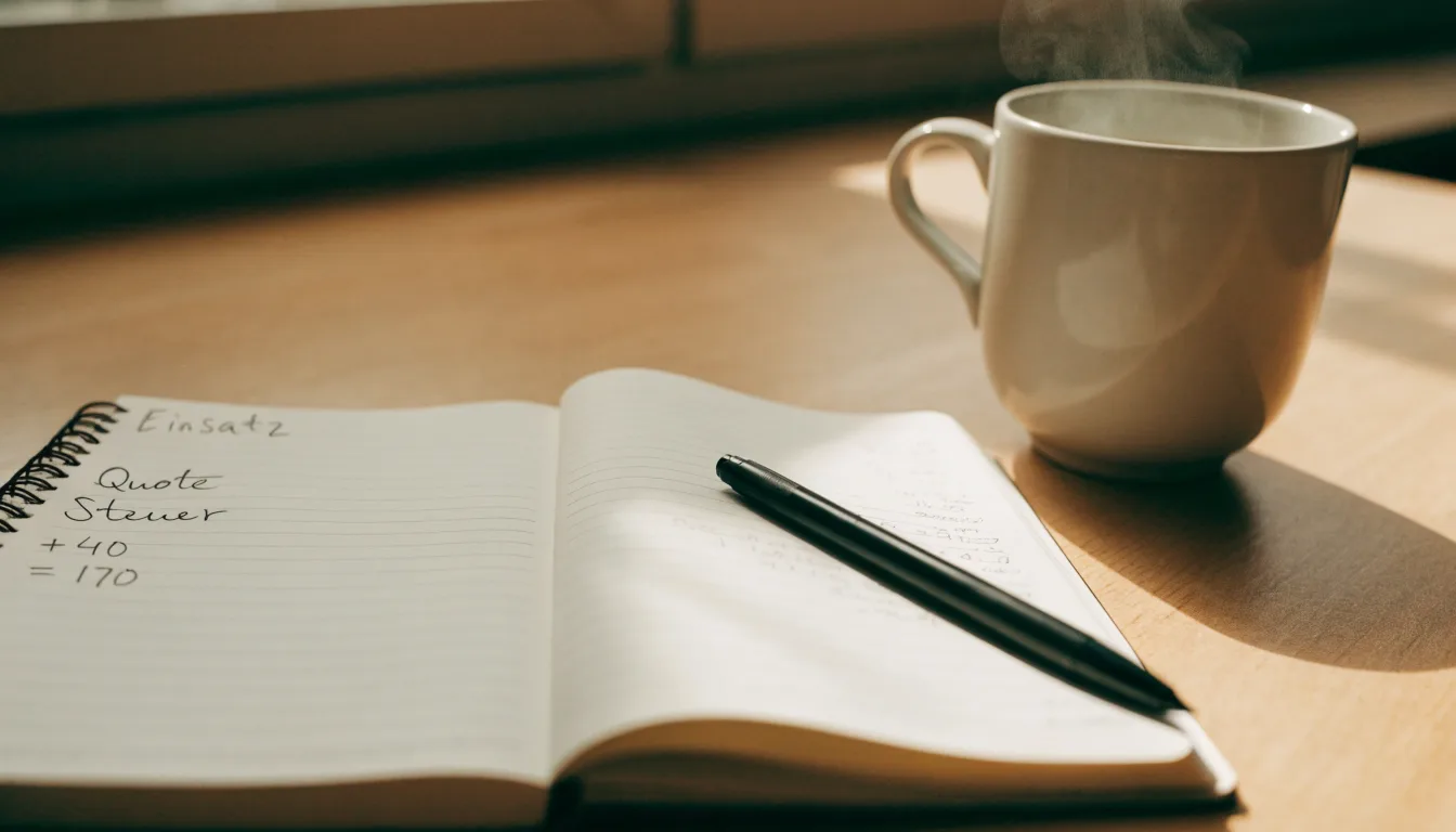 Ein Notizbuch mit handschriftlichen Rechnungen und ein Taschenrechner liegen auf einem hellen Schreibtisch neben einer Kaffeetasse.