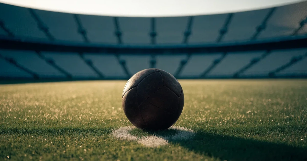Ein Fußball liegt auf dem Anstoßpunkt eines Rasenplatzes, dahinter leere Tribünen im Licht des frühen Morgens.