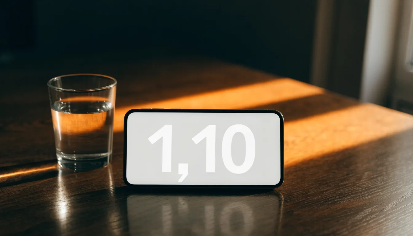 Ein Smartphone liegt mit dem Display nach unten auf einem Holztisch neben einem Glas Wasser, Abendlicht fällt durch ein Fenster.