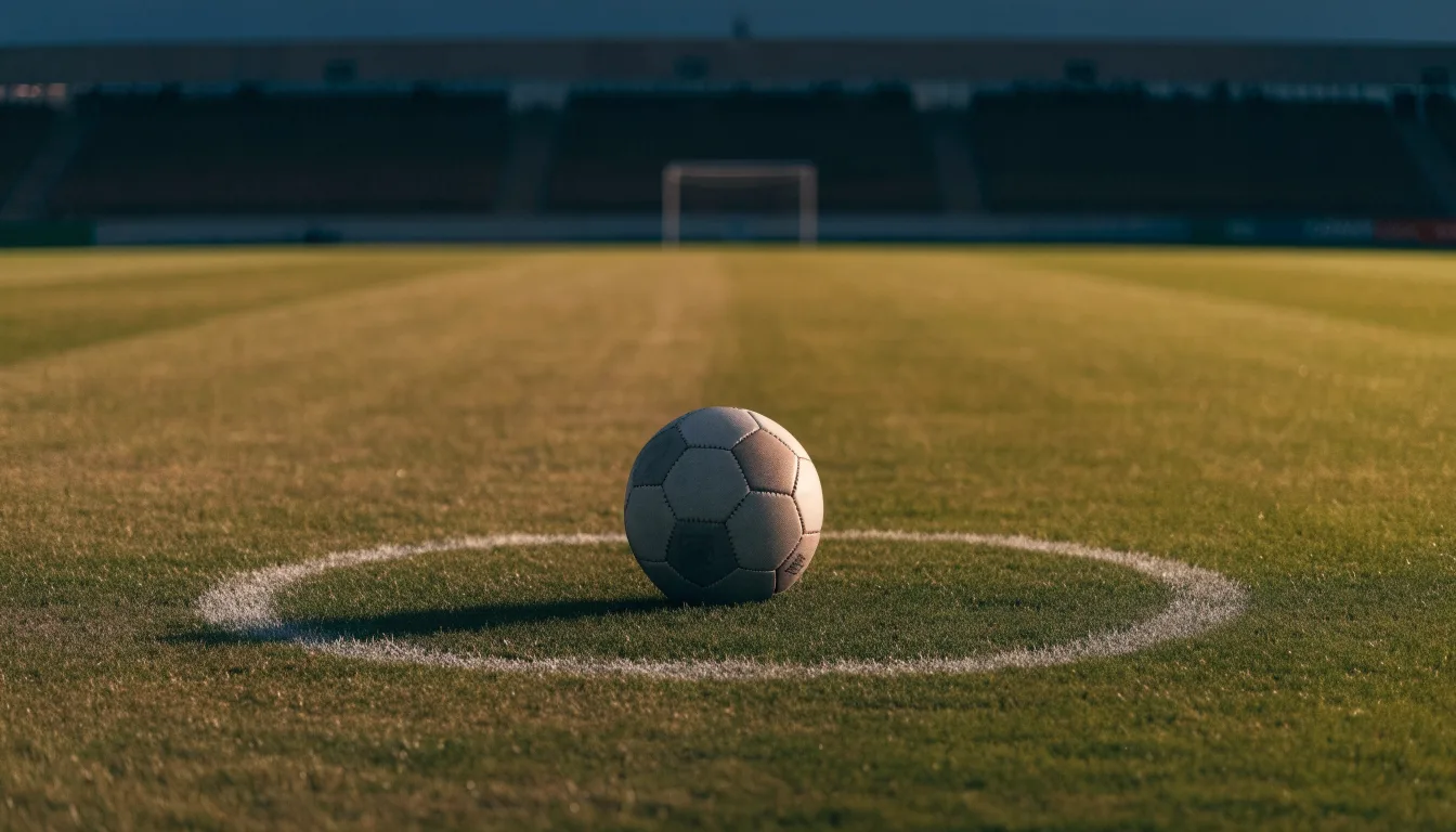 Ein Fußball liegt auf dem Anstoßpunkt eines leeren Rasenplatzes, dahinter ragen dunkle Ränge in den Abendhimmel.