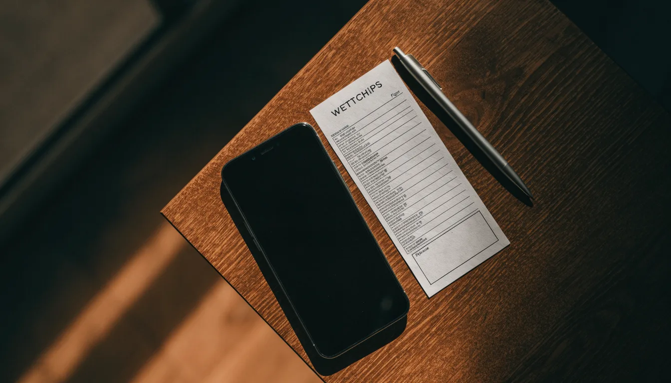 Ein Smartphone mit dunklem Display liegt neben einem leeren Papier-Wettschein und einem Stift auf einem Holztisch.