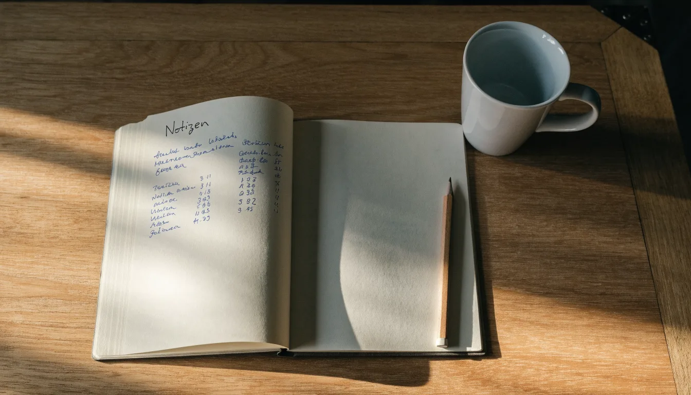 Ein Notizbuch mit handschriftlichen Notizen und einem Bleistift liegt auf einem Tisch, daneben steht eine Kaffeetasse im Morgenlicht.