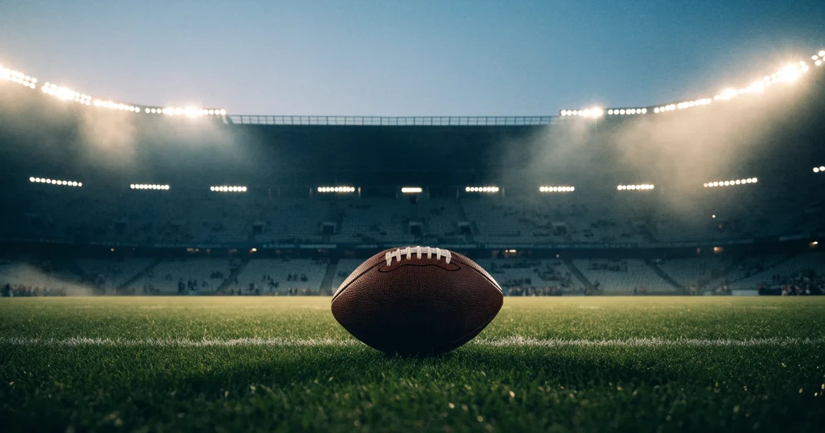 Ein American-Football-Ball liegt auf einem Rasenplatz unter Flutlicht, im Hintergrund eine große Tribüne in der Dämmerung.