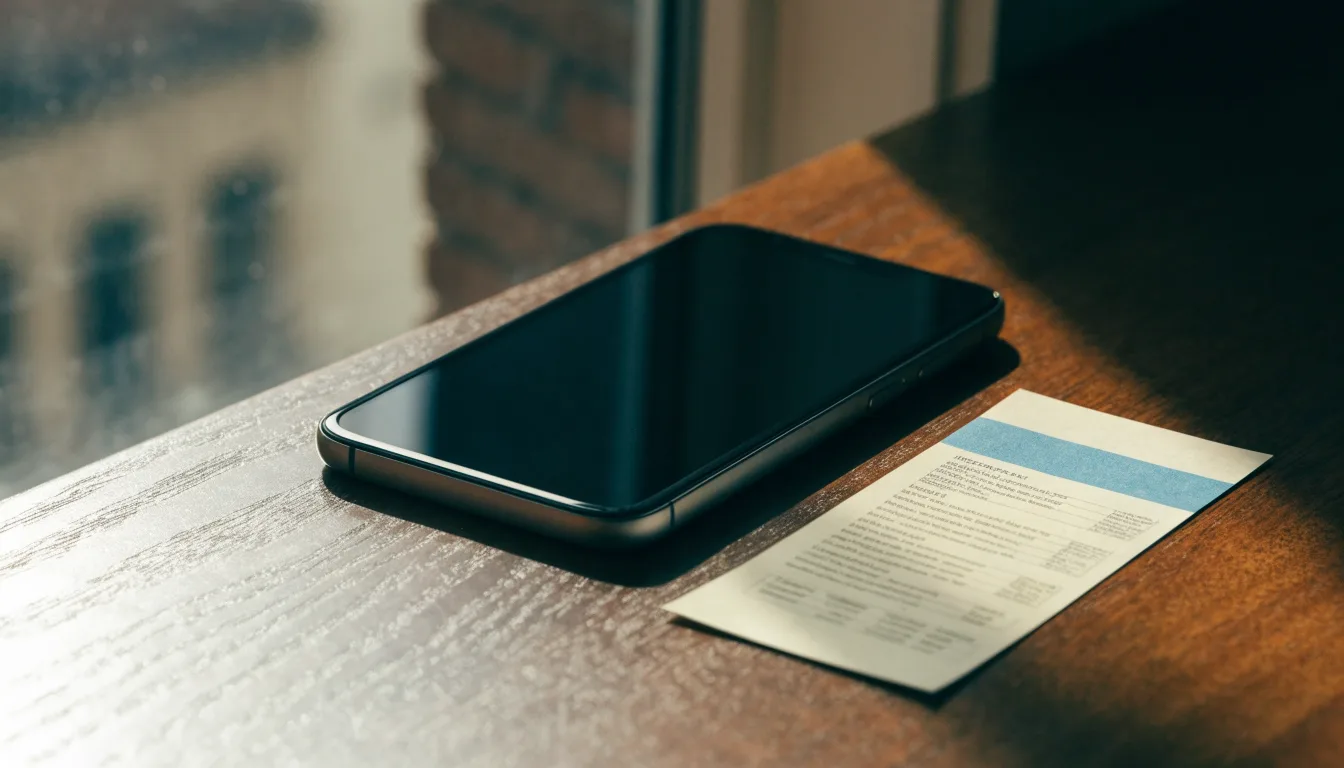 Ein Smartphone liegt mit dunklem Display auf einem Holztisch neben einem leeren Papier-Wettschein, Licht fällt von einem Fenster.