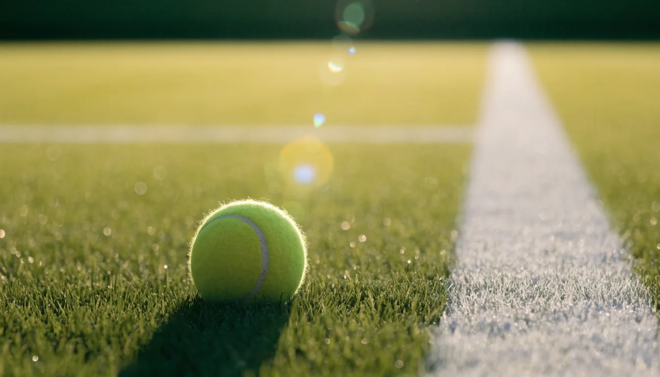 Ein Tennisball liegt auf frisch gemähtem Gras neben einer weißen Linie, Tautropfen glänzen im Gegenlicht.