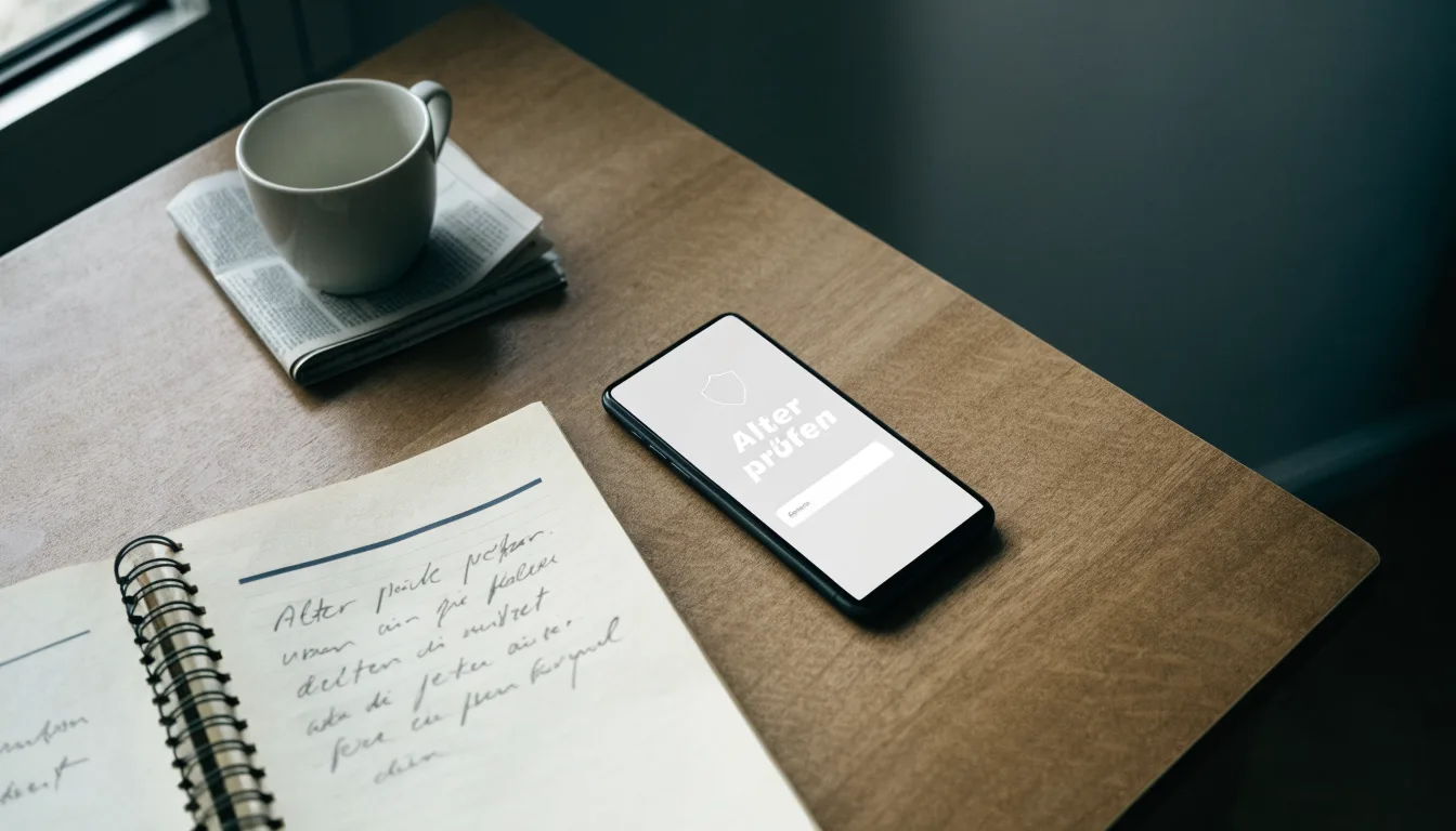Ein Smartphone liegt auf einem Tisch neben einem Notizbuch mit handschriftlichen Notizen und einer Tasse Kaffee.