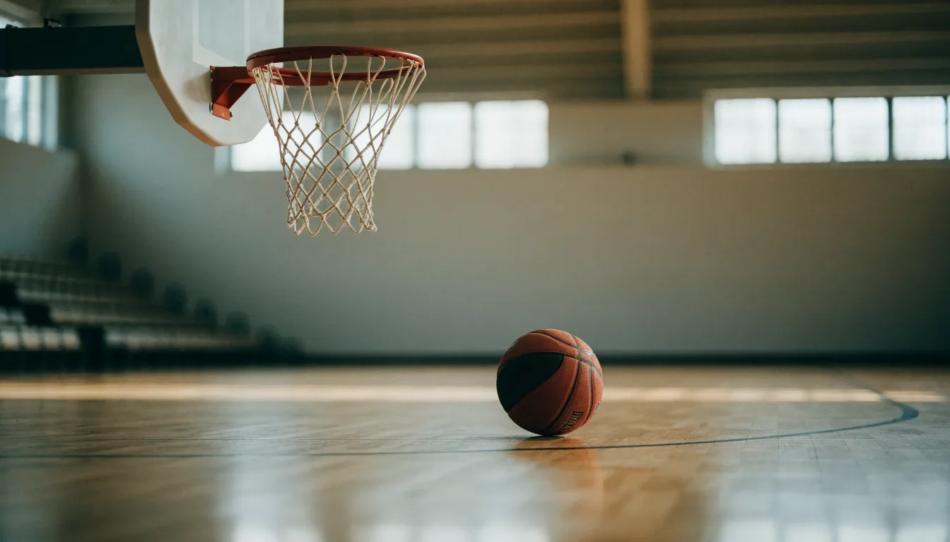 Ein Basketballkorb in einer leeren Halle, der Ball liegt unter dem Brett auf dem Parkett.