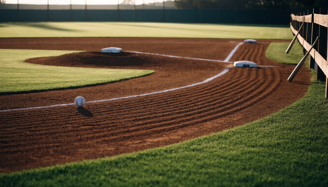 Ein Baseballfeld mit leerem Infield im Morgenlicht, die Linien frisch gezogen, keine Spieler im Bild.