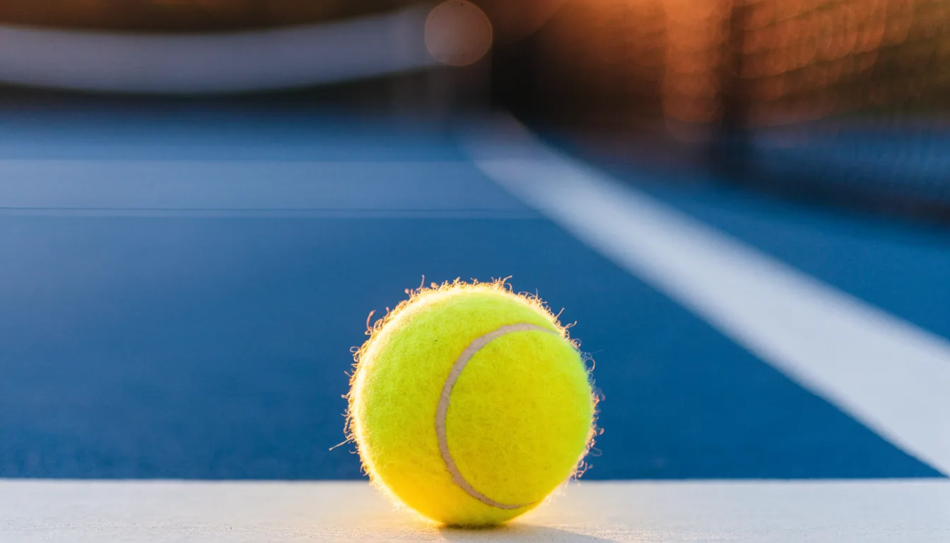 Ein Tennisball liegt in Nahaufnahme auf einer Grundlinie, dahinter verschwimmt ein leerer Platz in warmem Licht.
