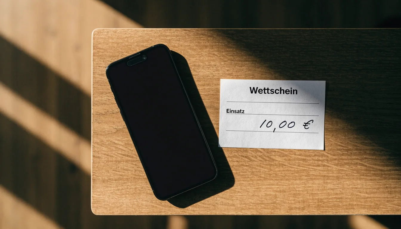 Ein Smartphone mit dunklem Display liegt neben einem leeren Papier-Wettschein auf einem Tisch, Licht fällt von der Seite.
