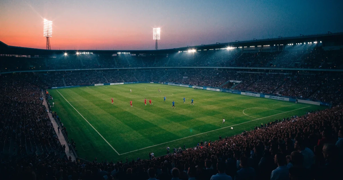 Ein riesiges Stadion in der Abenddämmerung aus der Vogelperspektive gesehen, die Lichter an den Rängen sind eingeschaltet.