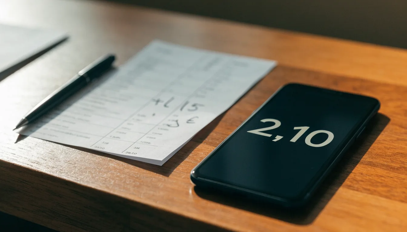 Ein Smartphone liegt mit dunklem Display neben einem leeren Papier-Wettschein und einem Stift auf einem Holztisch.