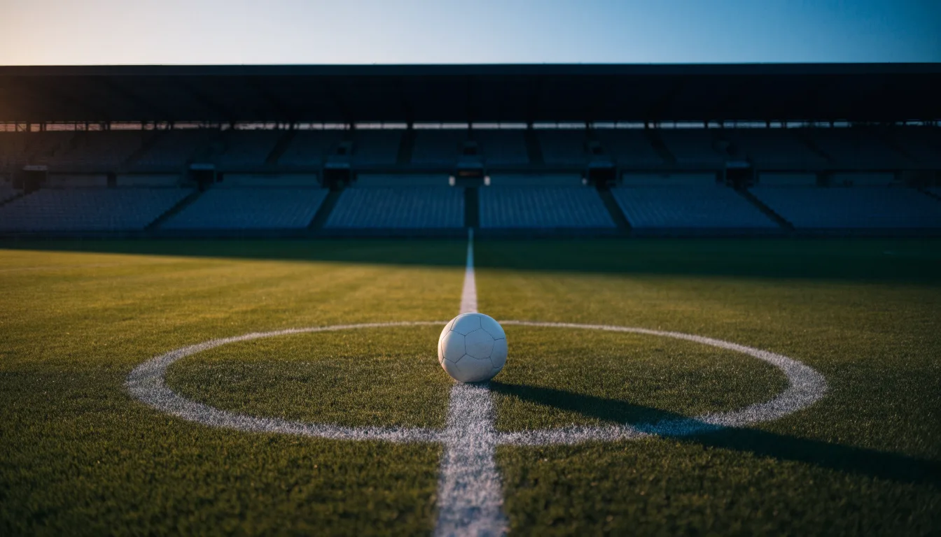 Ein Fußball liegt auf dem Anstoßpunkt eines Rasenplatzes, dahinter eine leere Tribüne im Abendlicht.
