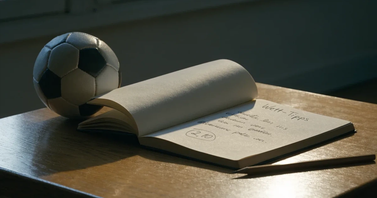 Ein Notizbuch mit handschriftlichen Notizen und einem Bleistift liegt auf einem Holztisch, daneben ein kleiner Fußball im Tageslicht.