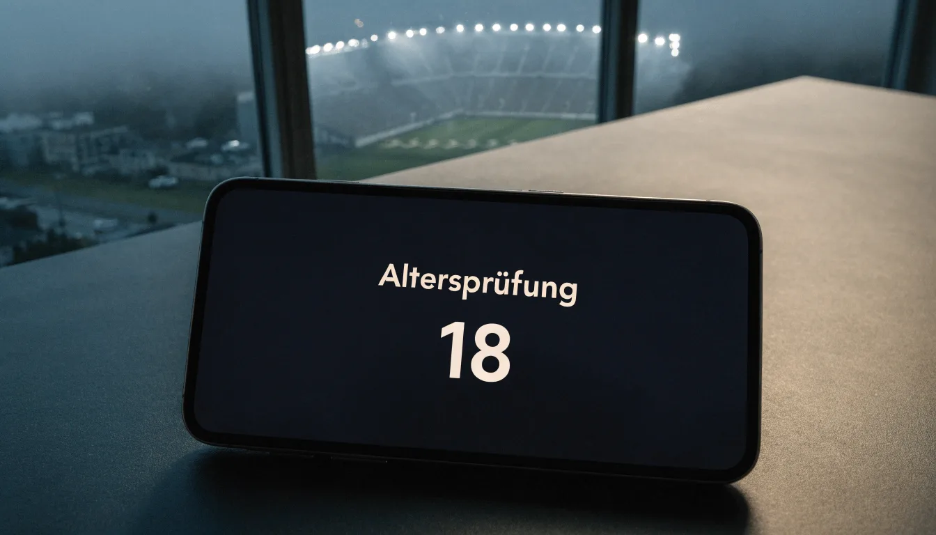 Ein Stadion unter Flutlicht aus der Ferne gesehen, davor ein stiller Parkplatz bei Nebel.