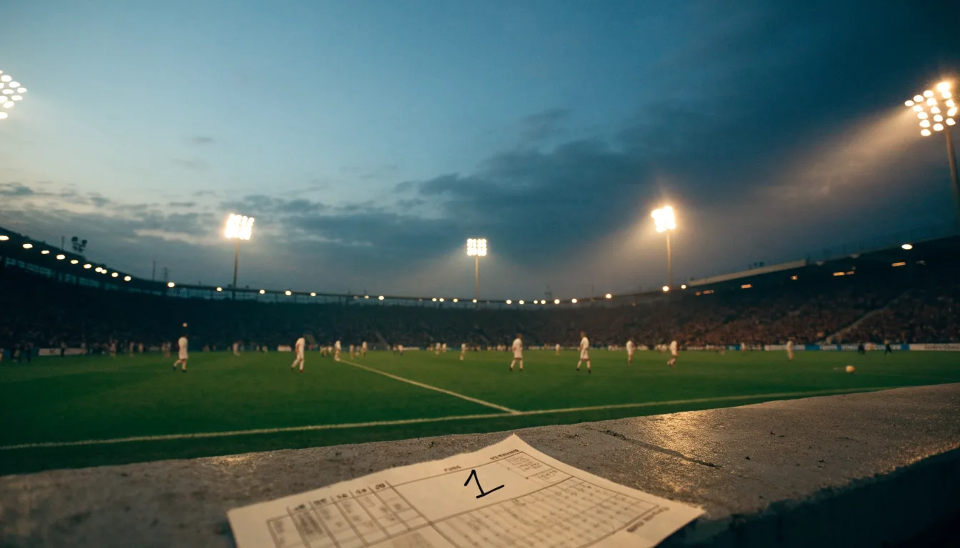 Ein Stadion unter Flutlicht aus großer Entfernung, davor eine leere Straße in der Abenddämmerung.