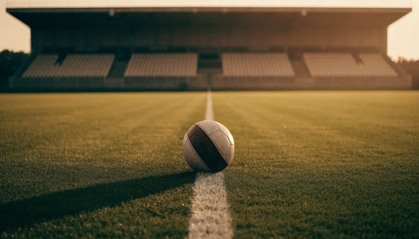 Ein Fußball liegt auf dem Anstoßpunkt eines Rasenplatzes, dahinter eine leere Tribüne im Abendlicht.