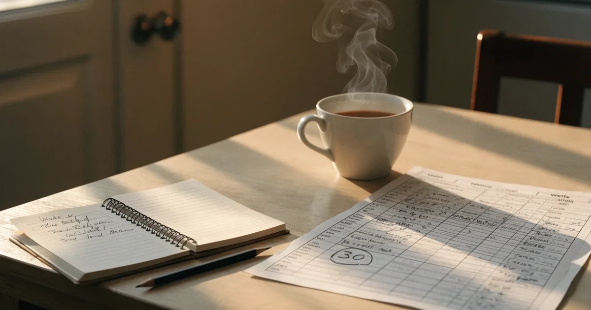Eine Kaffeetasse, ein Notizbuch mit handschriftlichen Notizen und ein Bleistift auf einem hellen Schreibtisch am Morgen.