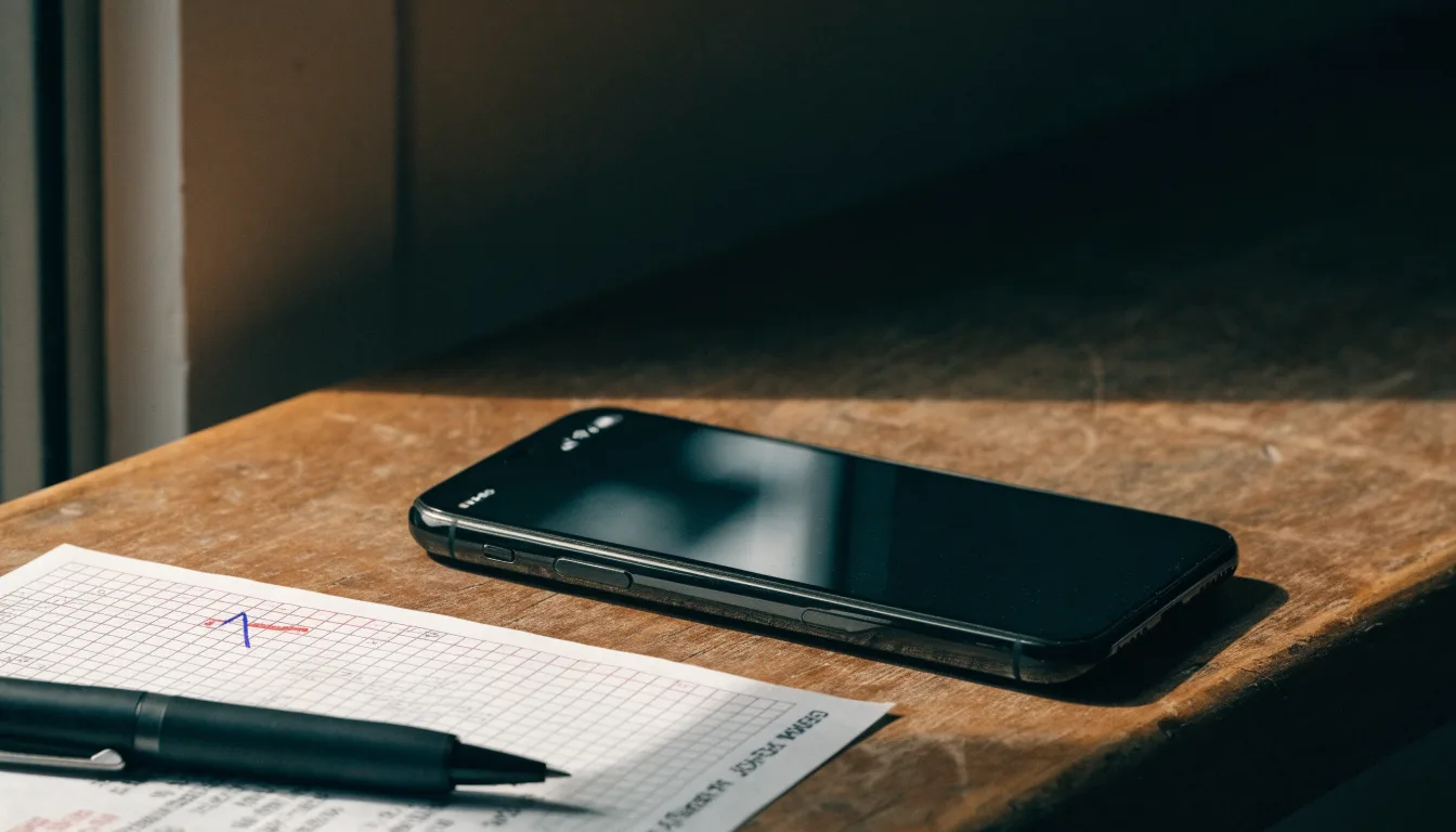 Ein Smartphone mit dunklem Display liegt neben einem leeren Papier-Wettschein auf einem Holztisch, Licht fällt von der Seite.