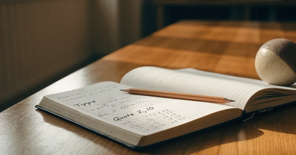 Ein Notizbuch mit handschriftlichen Notizen und einem Bleistift liegt auf einem Holztisch, daneben ein kleiner Fußball im Tageslicht.