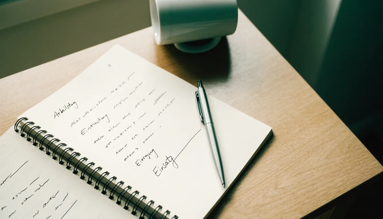 Ein Notizbuch mit handschriftlichen Notizen und ein Taschenrechner stehen auf einem Schreibtisch, daneben eine Tasse.