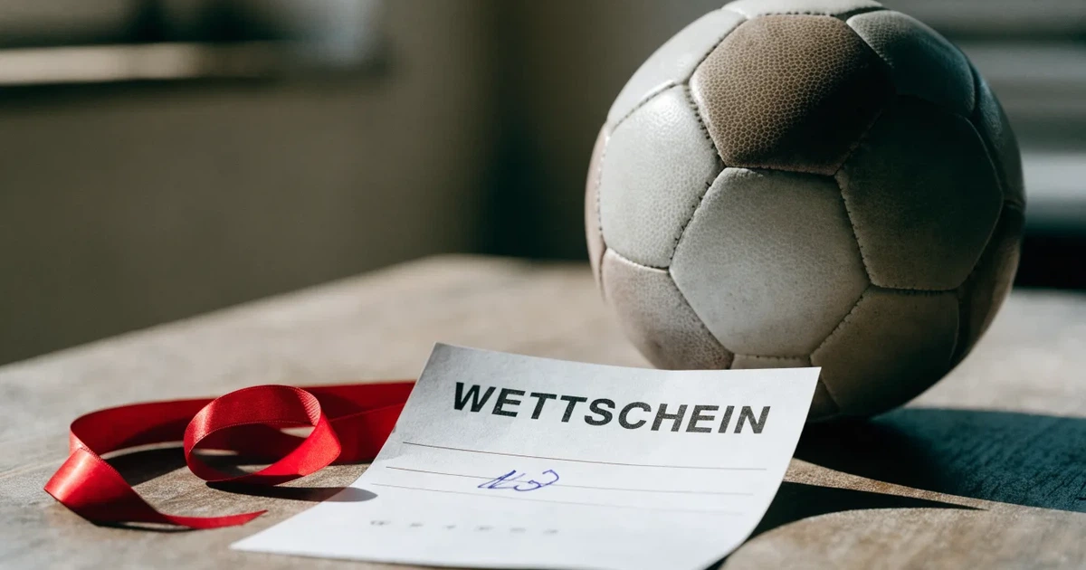 Ein kleines Geschenkband liegt neben einem Fußball und einem leeren Papier-Wettschein auf einem Holztisch im Tageslicht.