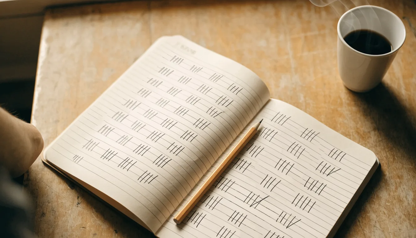 Ein Notizbuch mit handgeschriebenen Strichlisten liegt neben einem Bleistift und einer Kaffeetasse auf einem Holztisch.
