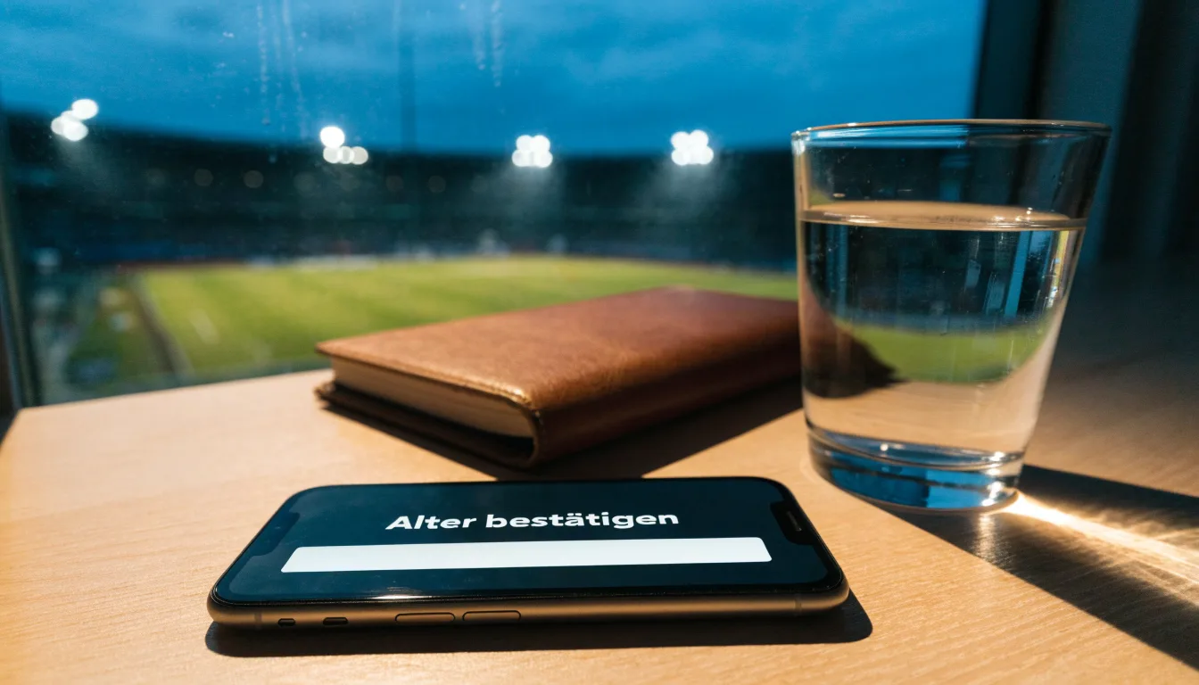 Ein Smartphone mit dunklem Display liegt auf einem Schreibtisch neben einem Glas Wasser, im Fenster dahinter ein Stadion im Dämmerlicht.